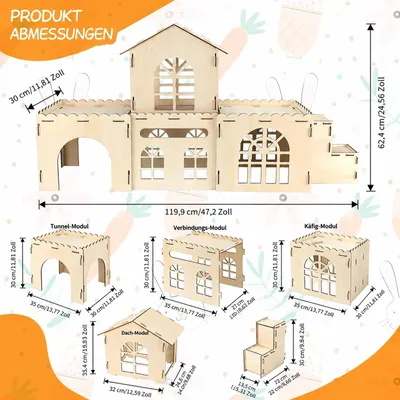 Imagen del producto de Gran jaula de madera para conejos y cobayas, con escalera, desmontable, apta para uso interior y exterior