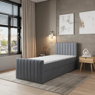 Produktbild von Masseno Boxspringbett ARION 80 80x200 cm Komplett-Set mit Bonell Matratze und Topper, Polsterbett mit Bettkästen -Grau, KRONOS 15
