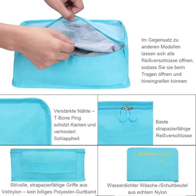 Produktbild von Packing Cube Gepäck Organizer 6er Set für Rucksack und Koffer, 3 Packwürfel und 3 Aufbewahrungstaschen, Reise Kleidertaschen (HimmelBlau)