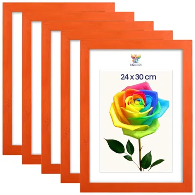 Produktbild von MG Design 5er Set Bilderrahmen Orange 24x30 cm - Echtholzrahmen mit Acrylglas, hoch/quer, zum Aufhängen & Aufstellen