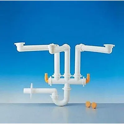 Imagen del producto de Sifón ahorrador de espacio para lavabo de 3 salidas, modelo "Spazio 3", con conexión de 1"1/2 y salida de Ø 40 mm