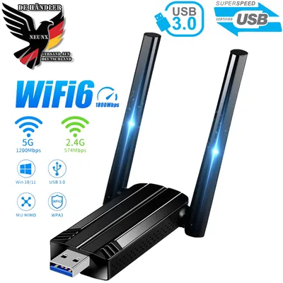 A black wireless USB adapter with antennas and accompanying informational text and logos.