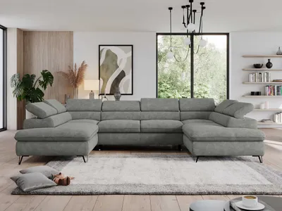 Produktbild von U-Ecksofa mit Schlaffunktion, verstellbare Kopfstützen, Couch mit Bettkasten - PEDRO U - Struktur - Grau