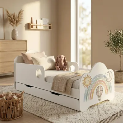 Produktbild von Happy Babies Kinderbett mit Rausfallschutz Junge 160x80 Bett für Kinderzimmer mit Schublade Matratze Einzelbett für Kinder Weiss, Aufkleber, Regenboge