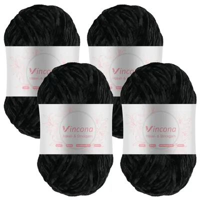 Obrázok produktu pre Chenilleová priadza na háčkovanie a pletenie, 4 x 100 g, čierna, 100% polyester, hrúbka ihly 5-6