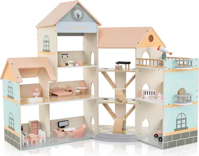 Immagine prodotto di Casa delle bambole angolare in legno con tetto rosa, 41 accessori