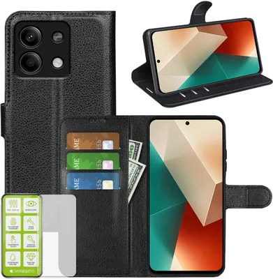 Obrázek produktu pro Pro Xiaomi Redmi Note 13 mobilní telefon pouzdro černé pouzdro umělá kůže pouzdro + H9 tvrdé sklo