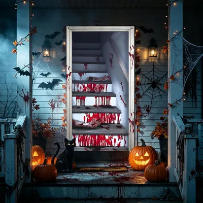 Zdjęcie produktu dla Zasłona na drzwi na Halloween, z motywami nawiązującymi do Halloween, 180 x 90 cm, wielokrotnego użytku, dekoracja na drzwi na Halloween