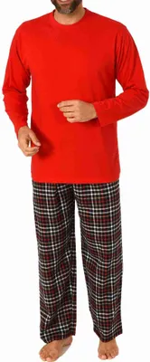Produktbild von Herren Schlafanzug Pyjama langarm mit Flanell Hose, Oberteil unifarben - 222 101 10 872 ; rot , 58