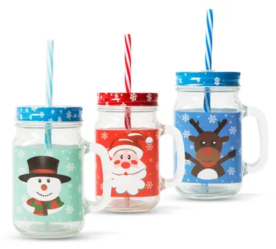 Produktbild von Glaskrug 450 ml mit Strohhalm und Metalldeckel, Weihnachtsmotiv Nikolaus Schneemann Rentier