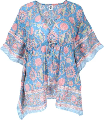 Produktbild von Hippie Poncho, Kaftan, Tunika, Poncho Bluse, Oversize Blockdruck Strandkleid - Blau, Damen, Baumwolle, Blusen & Tunikas