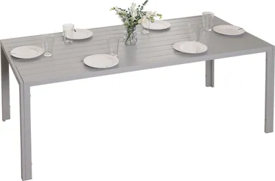 A light gray aluminum dining table set for six people with plates and glasses, and a vase of flowers in the center.