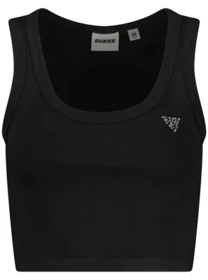 Produktbild von Damen Tanktop Schwarz mit Strass und Logo - Breite Träger, Weiter Ausschnitt