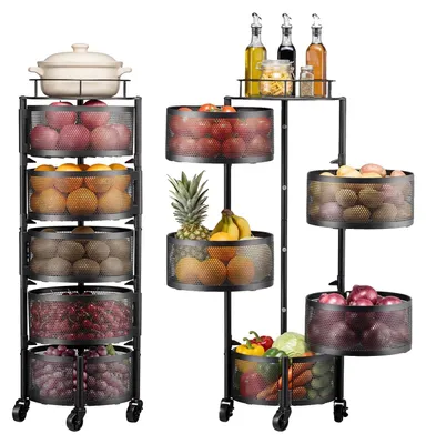 Productafbeelding van VEVOR Groenterek, keukentrolley met 5 niveaus, fruitmand, groentemand van metaal, mobiele draadmand-organizer op wielen, zwarte opbergwagen, ideaal voor keuken, badkamer en kinderkamer