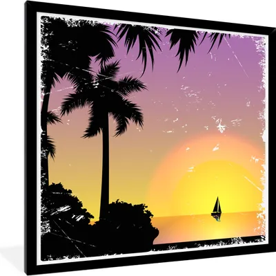 Produktbild von MuchoWow® MuchoWow® Gerahmtes Poster Palme - Segelboot - Meer - Nacht 40x40 cm - Poster mit zchwarzem Bilderrahmen - Mit Rahmen - Wanddekoration Schlafzimmer
