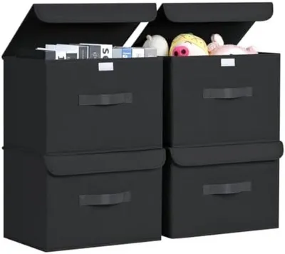Produktbild von PolkaHome® 4er-Set faltbare Aufbewahrungsboxen mit Deckel und Griff, schwarz, 38 x 25 x 25 cm, 38 l