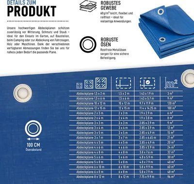 Produktbild von Abdeckplane blau 5x6 (30m²), Gewebeplane Industrieplane Schutzplane Bau Holz Garten Plane Ösen
