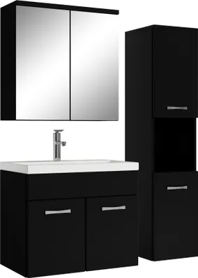 Produktbild von Badplaats Badmöbel-Set Montreal, 4-teilig, Matt Schwarz. Bestehend aus Waschtisch (600x350x50mm, mit Überlauf), Waschtischunterschrank (600x340x460mm, mit 2 Drehtüren), Hochschrank (300x300x1315mm, mit offenem Fach, flexibel montierbar) und Spiegelschrank (600x200x590mm). Gefertigt aus Kunstmarmor & Spanplatte. Zur Selbstmontage, inkl. Befestigungsmaterial & Anleitung. Lieferung ohne Armatur, Ablauf & Siphon.