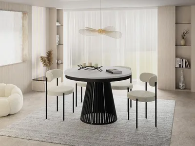 Produktbild von Esstisch Rund Ausziehbar mit Lamellen im Loft-Stil – 100 bis 180 cm – Industrieller Tisch mit Schwarzen Metallbeinen, Platzsparend für Wohnzimmer oder Esszimmer – Weiß