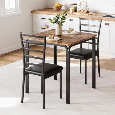 Produktbild von 3-teiliges Küchentisch-Set mit 2 Stühlen, quadratischer Esstisch aus Metall und Holz, braun