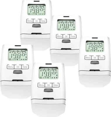 A collage of five electronic radiator thermostats.