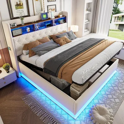 Zdjęcie produktu dla Łóżko z oświetleniem LED, wymiar 180x200 cm, z portem USB do ładowania, hydraulicznym pojemnikiem na pościel i obiciem z tkaniny lnianej, kolor beżowy, metalowa rama z elastycznym stelażem