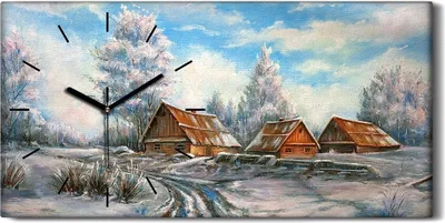 Produktbild von Küchenuhr Bürouhr Leinwand Uhr 60x30 Gemälde Winter Hütten Bäume Natur - schwarze Hände