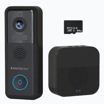 Produktbild von Protectly® 2K Video Türklingel kabellos & kabelgebunden – WLAN Türkamera mit Gong, 64GB SD, Zwei-Wege-Audio & ohne Abo