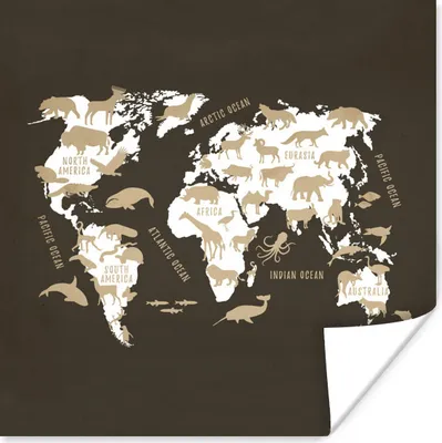 Produktbild von MuchoWow® Poster Weltkarte - Weiß - Tiere 50x50 cm - Wohnzimmerdekoration