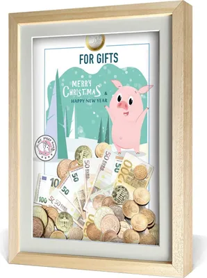 Produktbild von aFFa frames My Piggy Bank Spardose, 3D Bilderrahmen zum Befüllen, Geldgeschenke Verpackung für Auto, Haus, Geburtstag, mit Acrylglasfront, aus Holz, 32x42x2,5cm, Hellbraun, Rahmen Geschenk Muster