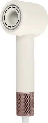 A product shot of a white hairdryer with rose gold accents.