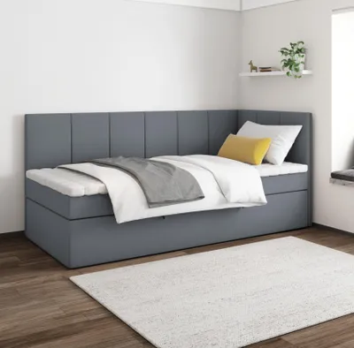Produktbild von Boxspringbett POLA 90x200 cm, T25 Topper, Kinderbett, Jugendbett, Einzelbetten, Bett, Stauraum Polsterbett, Matratze, RECHTS (Dunkelgrau - Itaka 14)