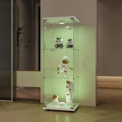 Obrázok produktu pre Sklenená vitrína, sklenené vitríny s LED osvetlením, moderná stojaca vitrína do obývačky, kancelárie, na vystavovanie zbierok, kníh, vína (3 poschodia, 1 dvere + LED, biela)