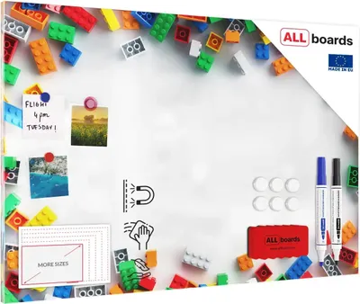 Immagine prodotto di Lavagna magnetica in acciaio MATTONCINI COSTRUZIONI CON MATTONCINI 90x60 cm MetalBoards lastra con stampa adatta per tutti i tipi di calamite + set di accessori GRATIS