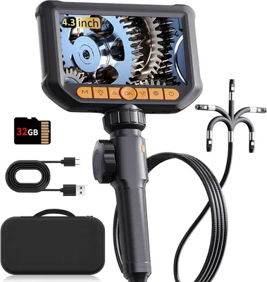 Image de Caméra endoscopique à double objectif, rotative à 360°, caméra d'inspection, écran de 4,3 pouces, caméra tubulaire étanche IP67, pour canalisations, caméra endoscopique avec 8 + 1 LED, 3
