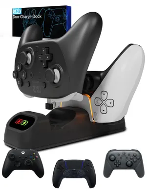 Produktbild von Controller-Ladestation für PlayStation 5 DualSense, Nintendo Switch Pro & Switch 2, Xbox Series X|S, Amazon Luna Google Stadia Dual-USB-C-Ladegerät Orzly Design – Tolles Geschenk für Gamer