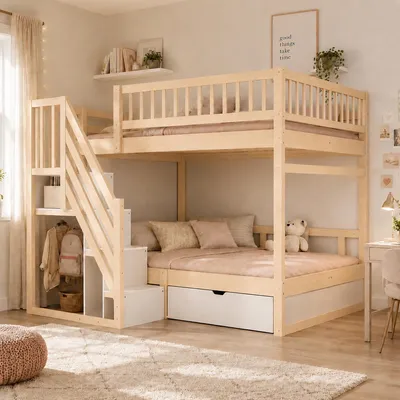 Obrázek produktu pro Dvoupatrová postel Flieks 140x200 cm se skříní a zásuvkou, dětská postel s horním lůžkem a schodištěm, palanda s ochranou proti vypadnutí, barva dřeva