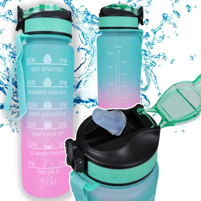 Zdjęcie produktu dla Butelka motywacyjna na wodę 1000 ml bidon 1 l z miarką słomką uchwytem szczelna do treningu fitness siłownia