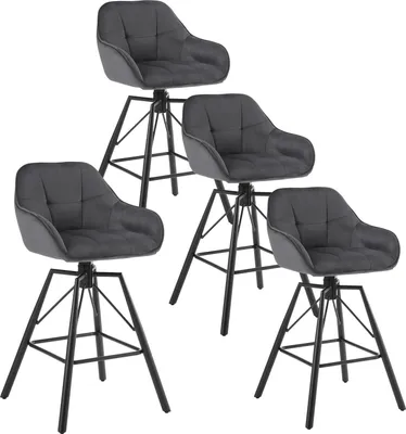 Produktbild von 4er-Set Barhocker - Drehbarer Barstuhl - Samt - 360° drehbar - Rückenlehne & Fußstütze - 150 kg - 51 x 94,5 x 53 cm - Dunkelgrau