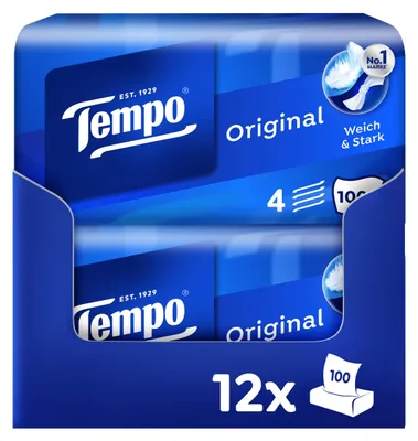 Produktbild von Tempo Original Taschentücher Box - Vorteilspack - 12 Boxen, 100 Tücher pro Box - extra starke, weiche Papiertaschentücher, waschmaschinenfest