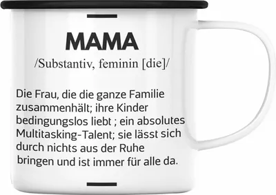 Produktbild von Trendation - Mama Emaille Tasse Geschenk für Mutter von Kinder Sohn Tochter Muttertag Muttertagsgeschenk Beste Mama Danke Weihnachten Geburtstag Emaille Emaille Tasse (Schwarz)