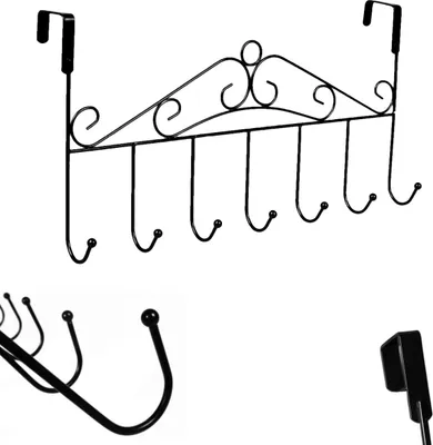 A black metal over-the-door hook rack with decorative scrollwork.