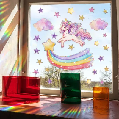 Imagen del producto de Calcomanía de unicornio con arcoíris y estrellas, autoadhesiva, de 55 x 35 cm, ideal para habitaciones infantiles