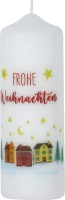 Produktbild von Weihnachtskerze "Dörfchen" mit Text Frohe Weihnachten Weiß 170 x Ø 60 mm