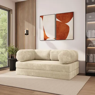 Produktbild von Masseno Schaumstoffsofa ALVIO mit Schlaffunktion, Schlafsofa, Wohnzimmersofa, Couch, Sofa, Bettsofa, Kordstoff – Creme TILIA 03