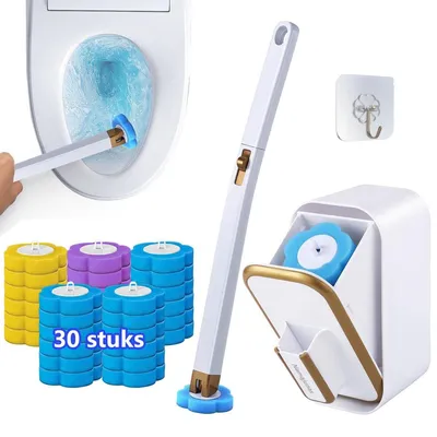 Produktbild von CarpOn Toilettenbürste mit Halter – WC-Bürsten Set mit 30 wegwerfbaren Ersatzköpfen, verlängerter Stiel & Halter, 3 Duftsorten, hygienische Einweg-Toilettenbürste für Bad & WC