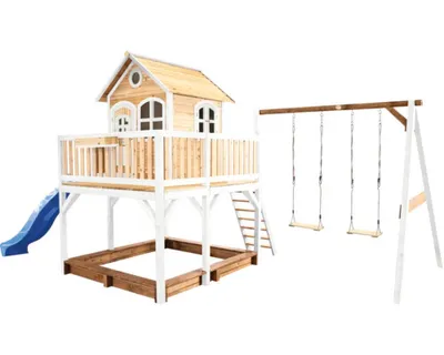 Immagine prodotto di AXI Liam Casetta con pavimento, sabbiera, doppia altalena e scivolo blu | Casa da gioco per giardino / esterno in marrone e bianco da legno  | Parco giochi per bambini