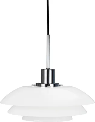 A white pendant lamp with multiple shades, suspended by a black cord and a silver stem.