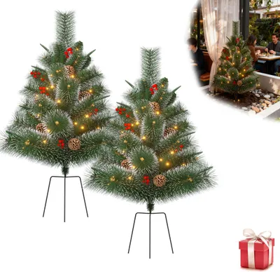 Productafbeelding van UISEBRT, 2 stuks kerstboom van 76 cm met voet, compact, kunststof, met aardpen. Kunstboom met sneeuweffect, 30 warmwitte LED-lampjes, dennenappels en rode bessen