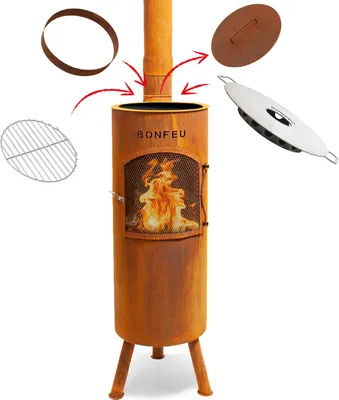 Produktbild von BonFeu BonGiano LP Rost - Terrassenofen - Feuerstelle mit Funkenschutz für entspannte Abende - Feuersäule Outdoor - Terrassenkamin mit Grillrost - Gartenofen aus hochwertigem Cortenstahl - 30x30x153cm